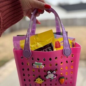 Pink Easter Basket with Purple Handles and Cute Pins